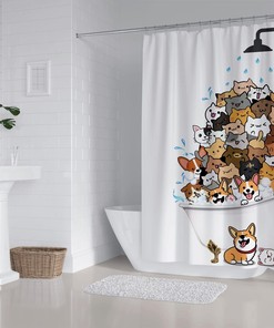 Cats and Dogs Cartoon Corgi Cute Animal Pets Shower Curtain for Kids Bathroom