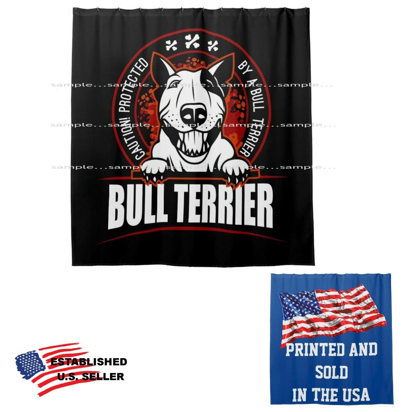 Caution Protect Black Bull Terrier Guard Dog Bathroom Fabric Shower Curtain