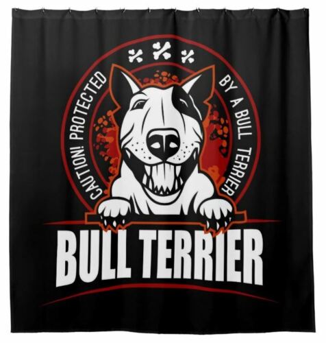Caution Protect Black Bull Terrier Guard Dog Bathroom Fabric Shower Curtain - Image 2