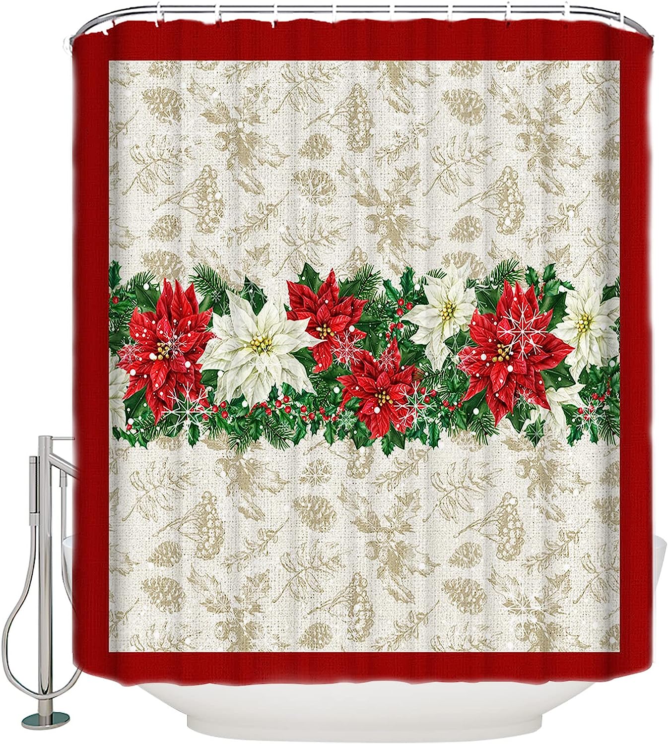 Celebrate Christmas With Merry Poinsettia Berry Snowflake Shower Curtain