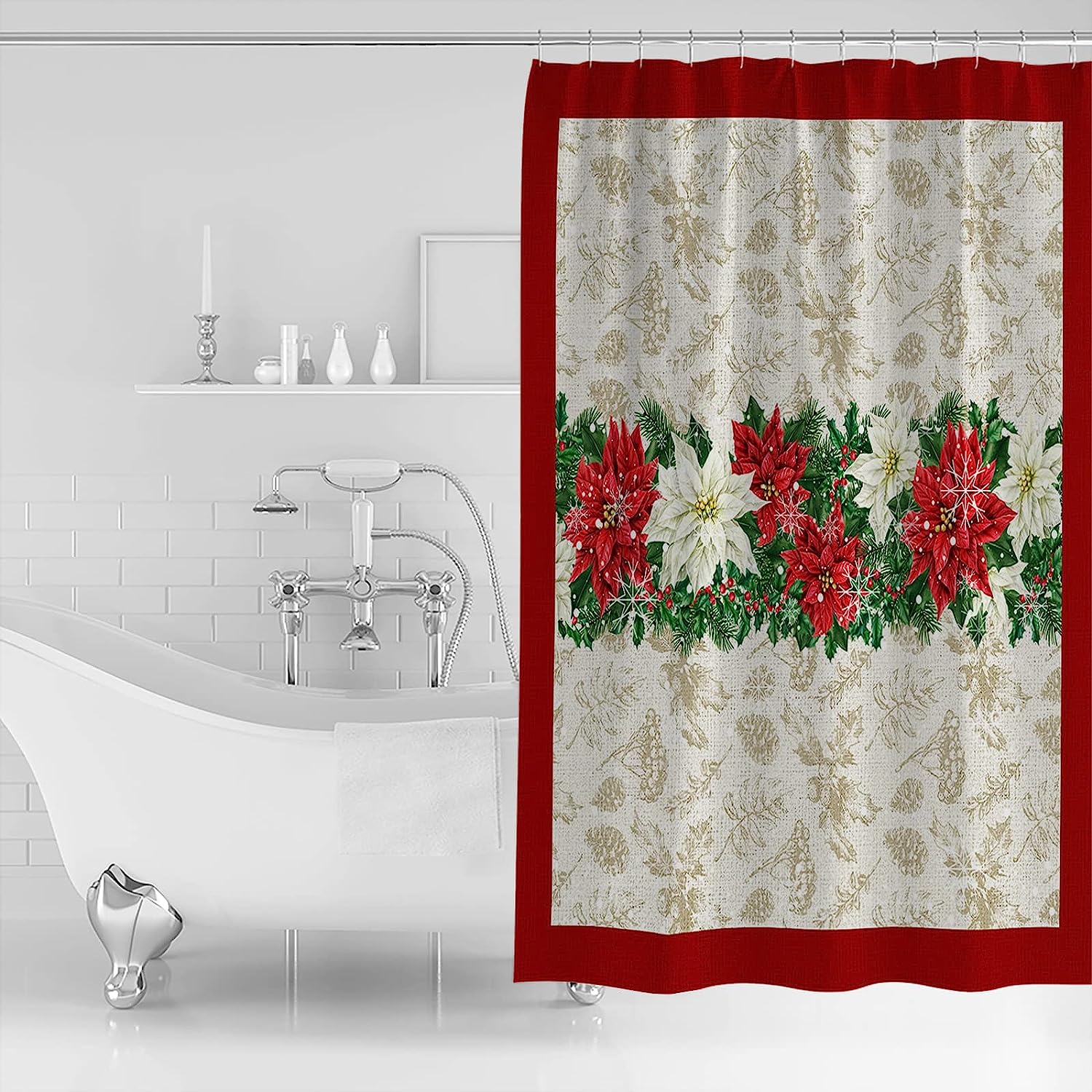 Celebrate Christmas With Merry Poinsettia Berry Snowflake Shower Curtain - Image 2