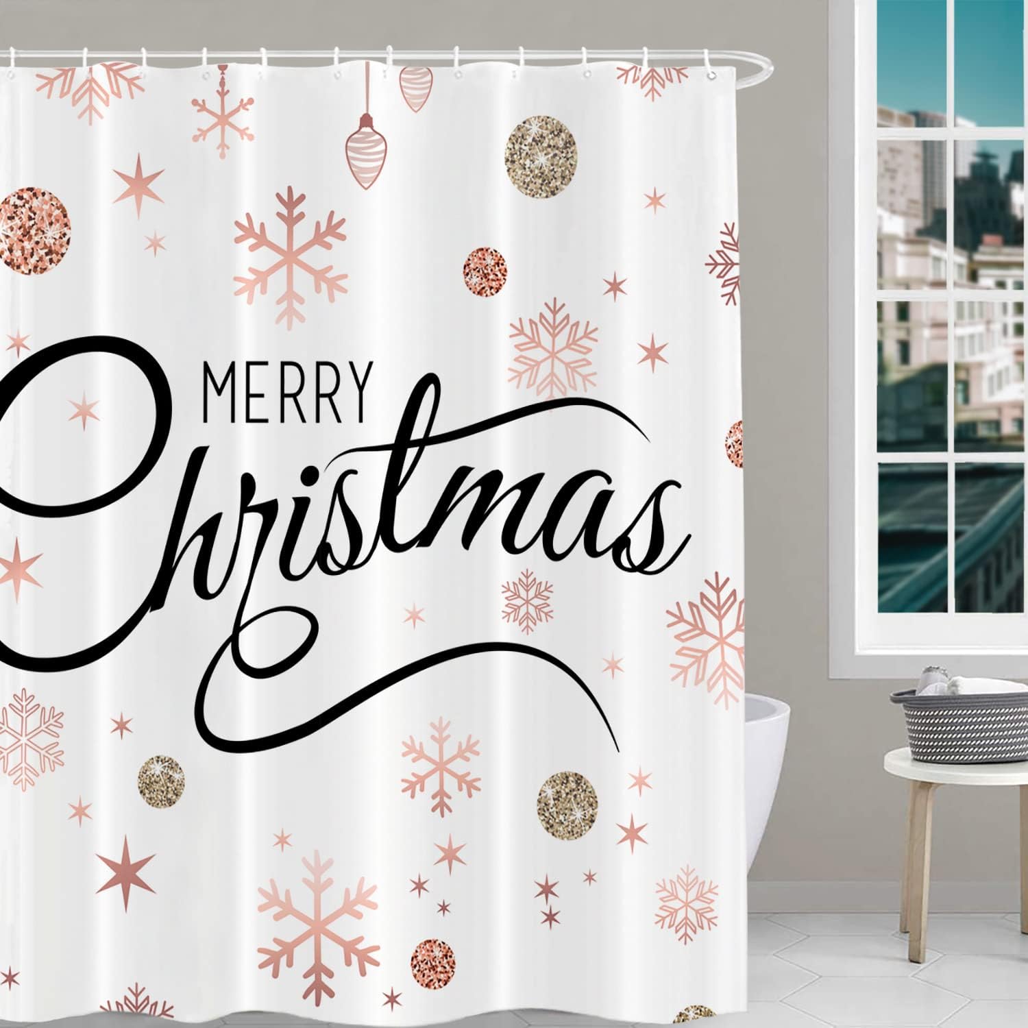 Celebrate Christmas With Rose Gold Snowflake Snowball Shower Curtain set