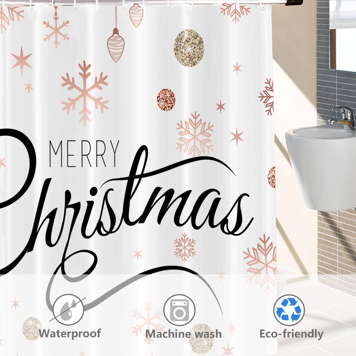 Celebrate Christmas With Rose Gold Snowflake Snowball Shower Curtain set - Image 2