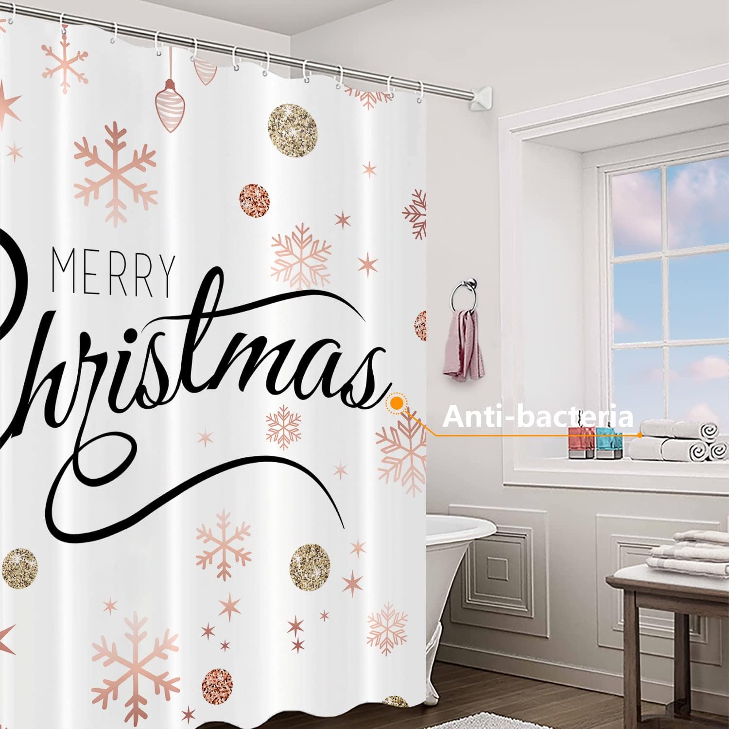 Celebrate Christmas With Rose Gold Snowflake Snowball Shower Curtain set - Image 3
