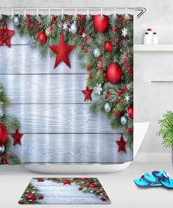Celebrate Christmas With This Red Christmas Ball Stars Wood Board Shower Curtain, Make Your Bathroom Decor Festive