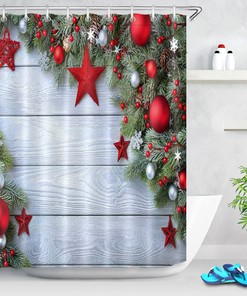 Celebrate Christmas With This Red Christmas Ball Stars Wood Board Shower Curtain, Make Your Bathroom Decor Festive