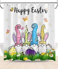 Celebrate Easter With Gnomes On Travel Shower Curtain Fun Butterflies And Rabbits In Green Grass Design