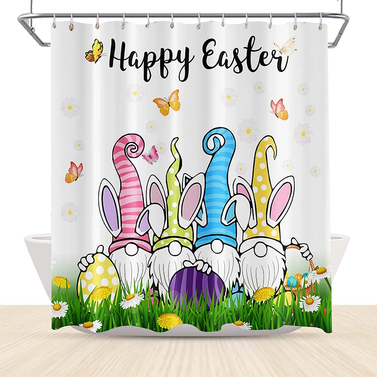 Celebrate Easter With Gnomes On Travel Shower Curtain Fun Butterflies And Rabbits In Green Grass Design