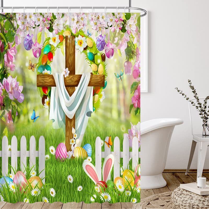 Celebrate Easter With Spring Festival Eggs And The Risen Cross Shower Curtain