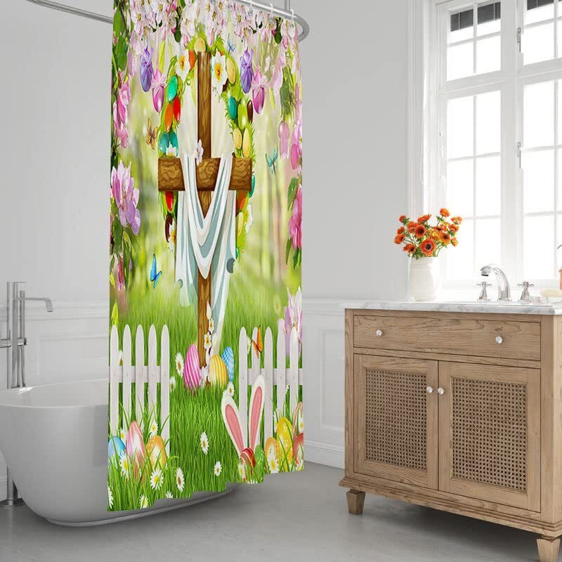 Celebrate Easter With Spring Festival Eggs And The Risen Cross Shower Curtain