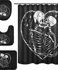 Celebrate Love And Skulls With Alaza Skeleton Skull Heart Shower Curtain And Mat Set!