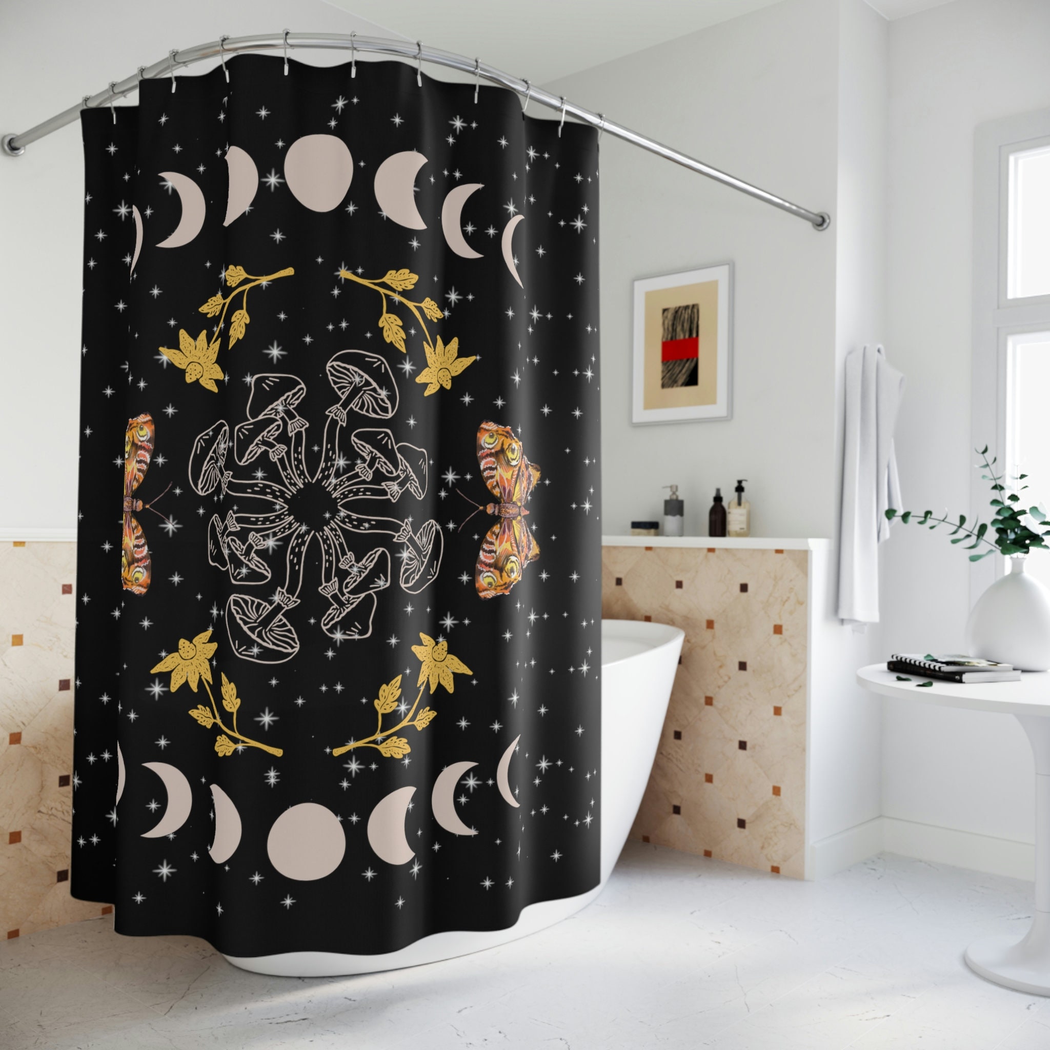 Celebrate Nature with Mushroom and Moon Phase Shower Curtain for Creative Bathroom Decor