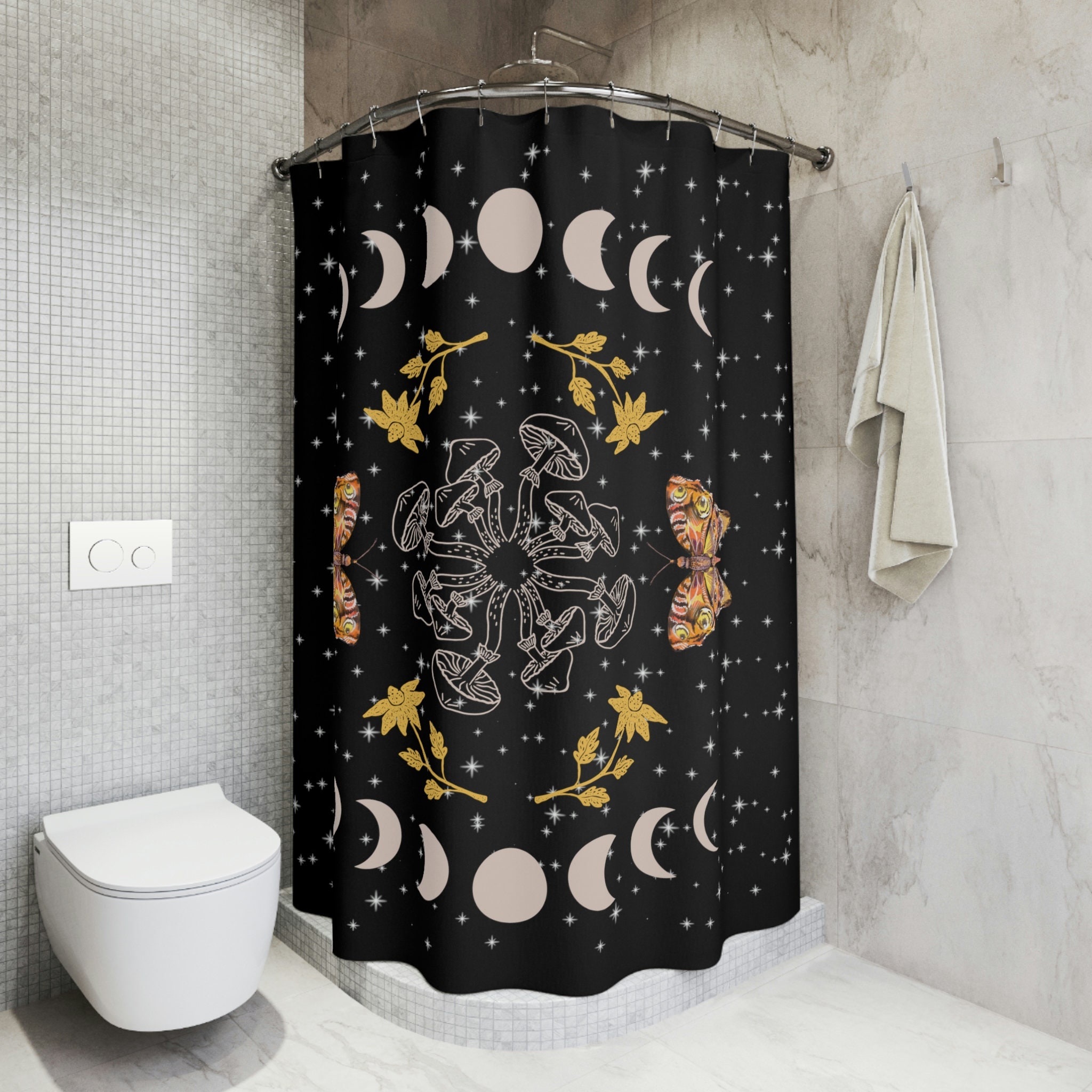 Celebrate Nature with Mushroom and Moon Phase Shower Curtain for Creative Bathroom Decor