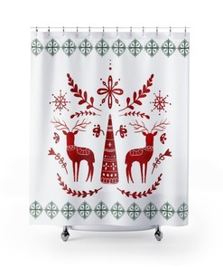 Celebrate The Holidays With This Nordic Christmas Shower Curtain, Featuring Reindeer And Snowflakes Design