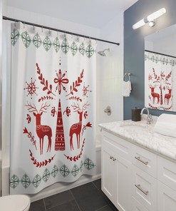 Celebrate The Holidays With This Nordic Christmas Shower Curtain, Featuring Reindeer And Snowflakes Design