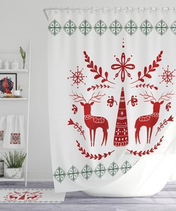 Celebrate The Holidays With This Nordic Christmas Shower Curtain, Featuring Reindeer And Snowflakes Design