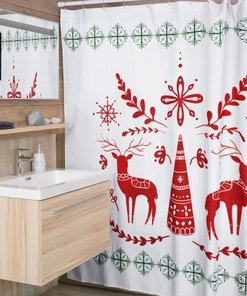 Celebrate The Holidays With This Nordic Christmas Shower Curtain, Featuring Reindeer And Snowflakes Design