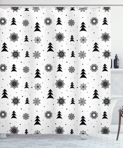 Celebrate Winter With This Nordic Shower Curtain, Featuring Pine Trees And Snowflakes Noel Holiday Design