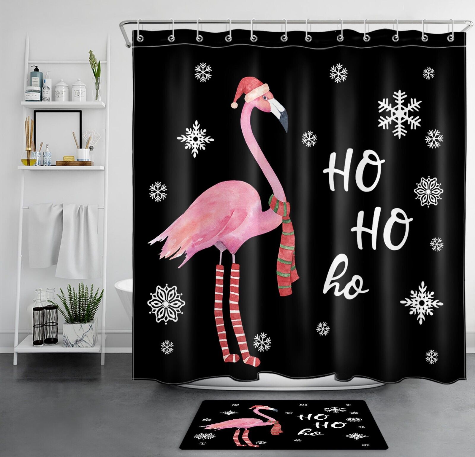 Celebrate the Holidays with Watercolor Flamingo Snowflake Christmas Shower Curtain for Bathroom Decor