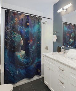 Celestial Art Cosmic Mermaid Print Shower Curtain For Magical Bathroom Decor