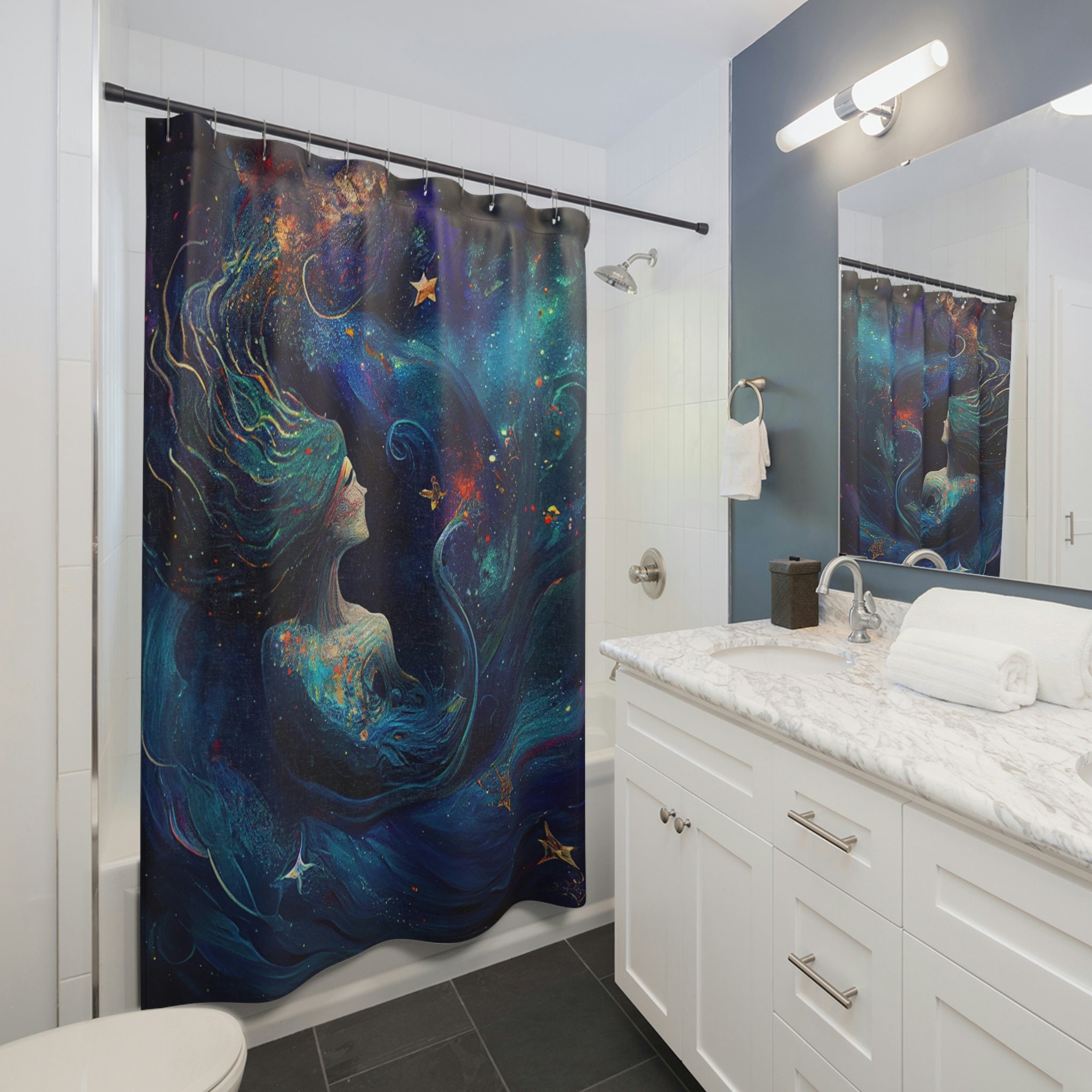Celestial Art Cosmic Mermaid Print Shower Curtain For Magical Bathroom Decor
