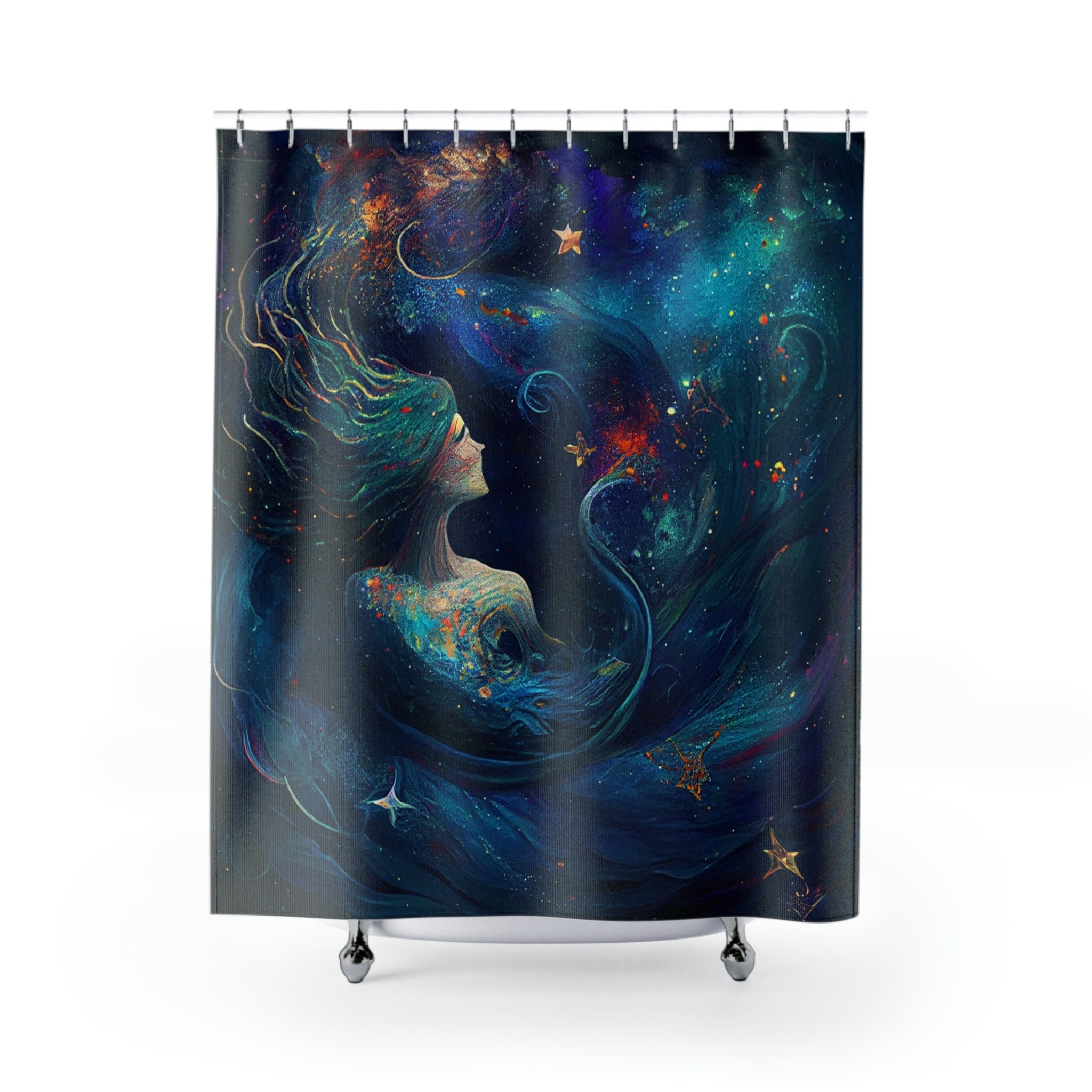 Celestial Art Cosmic Mermaid Print Shower Curtain For Magical Bathroom Decor - Image 2