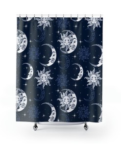 Celestial Astronomy Shower Curtain With Moons Sun And Stars On Navy