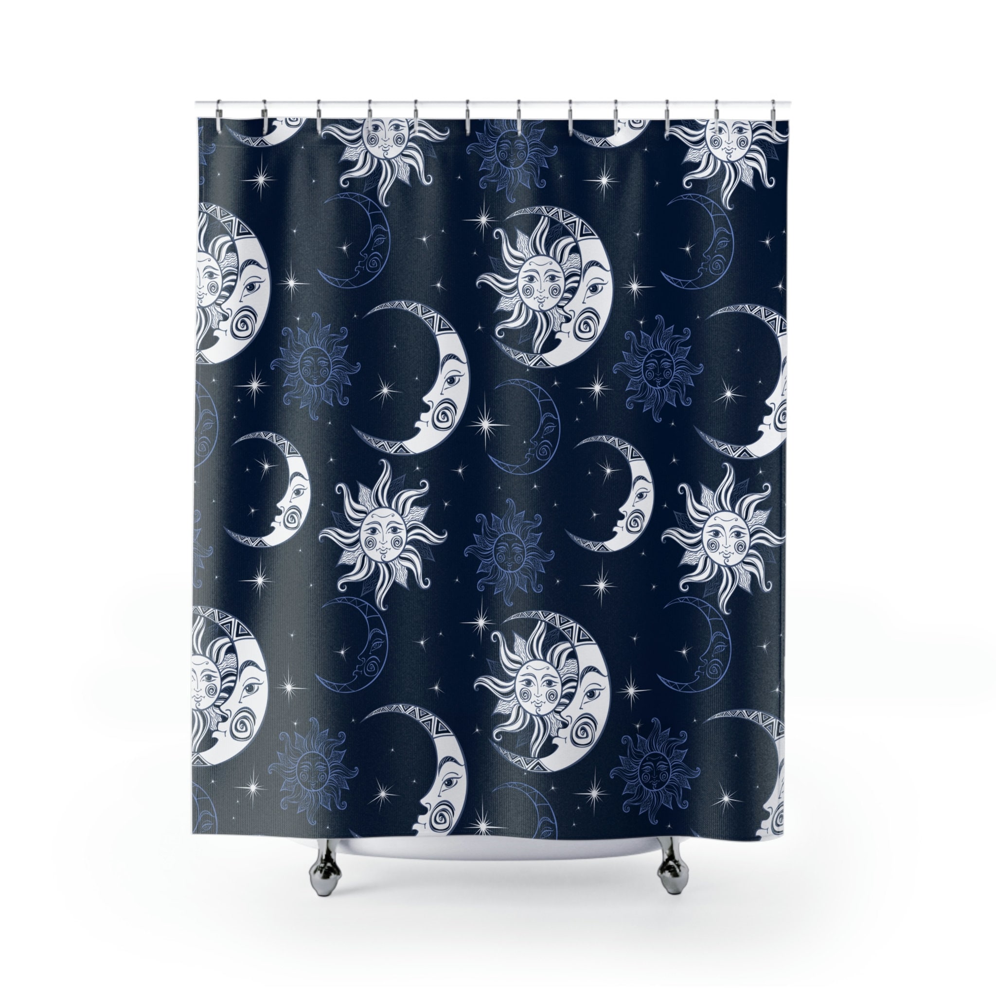 Celestial Astronomy Shower Curtain With Moons Sun And Stars On Navy