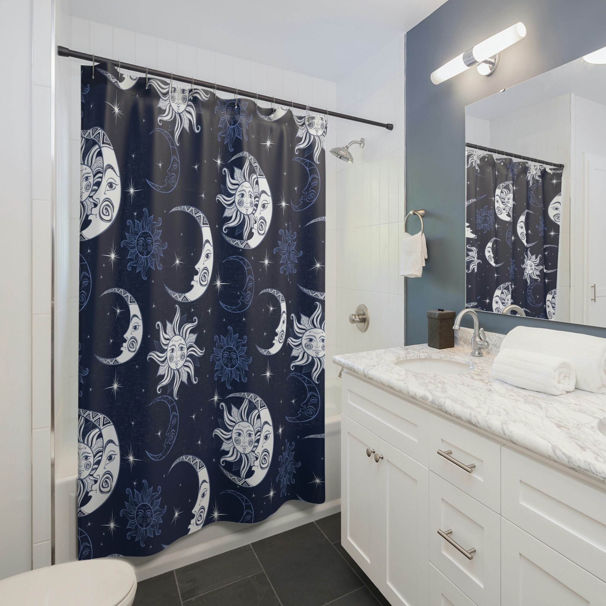 Celestial Astronomy Shower Curtain With Moons Sun And Stars On Navy - Image 2