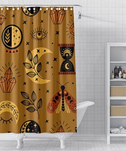 Celestial Boho Shower Curtain With Luna Moth Crescent Moon Artwork