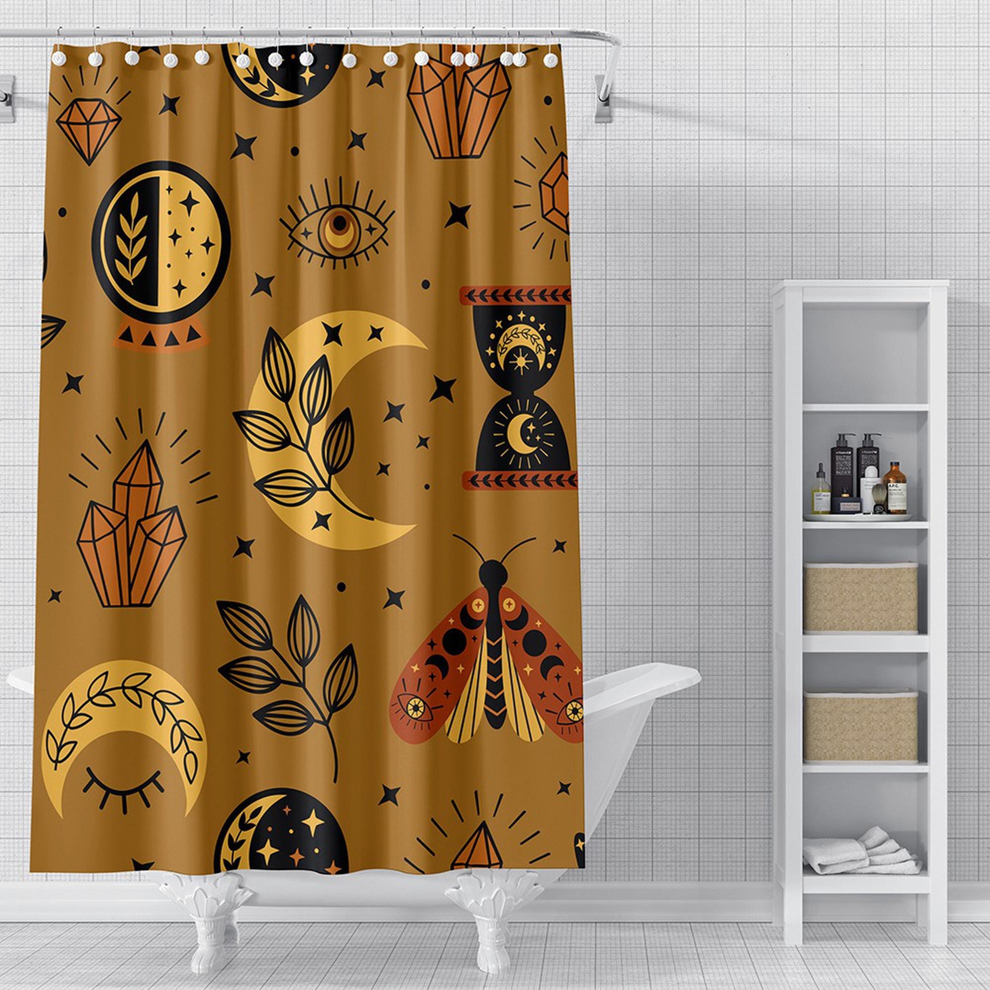 Celestial Boho Shower Curtain With Luna Moth Crescent Moon Artwork