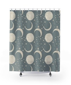 Celestial Cosmic Boho Shower Curtain, Grey Ivory, Full Moon Stars, Watercolor, Water Resistant, Bathroom Decor