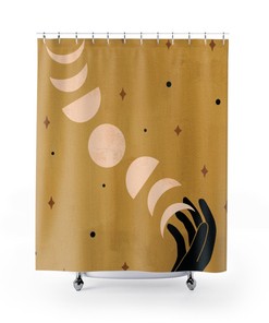 Celestial Cosmic Boho Shower Curtain With Moon Phases And Stars Design For Mystical Bathroom Decor