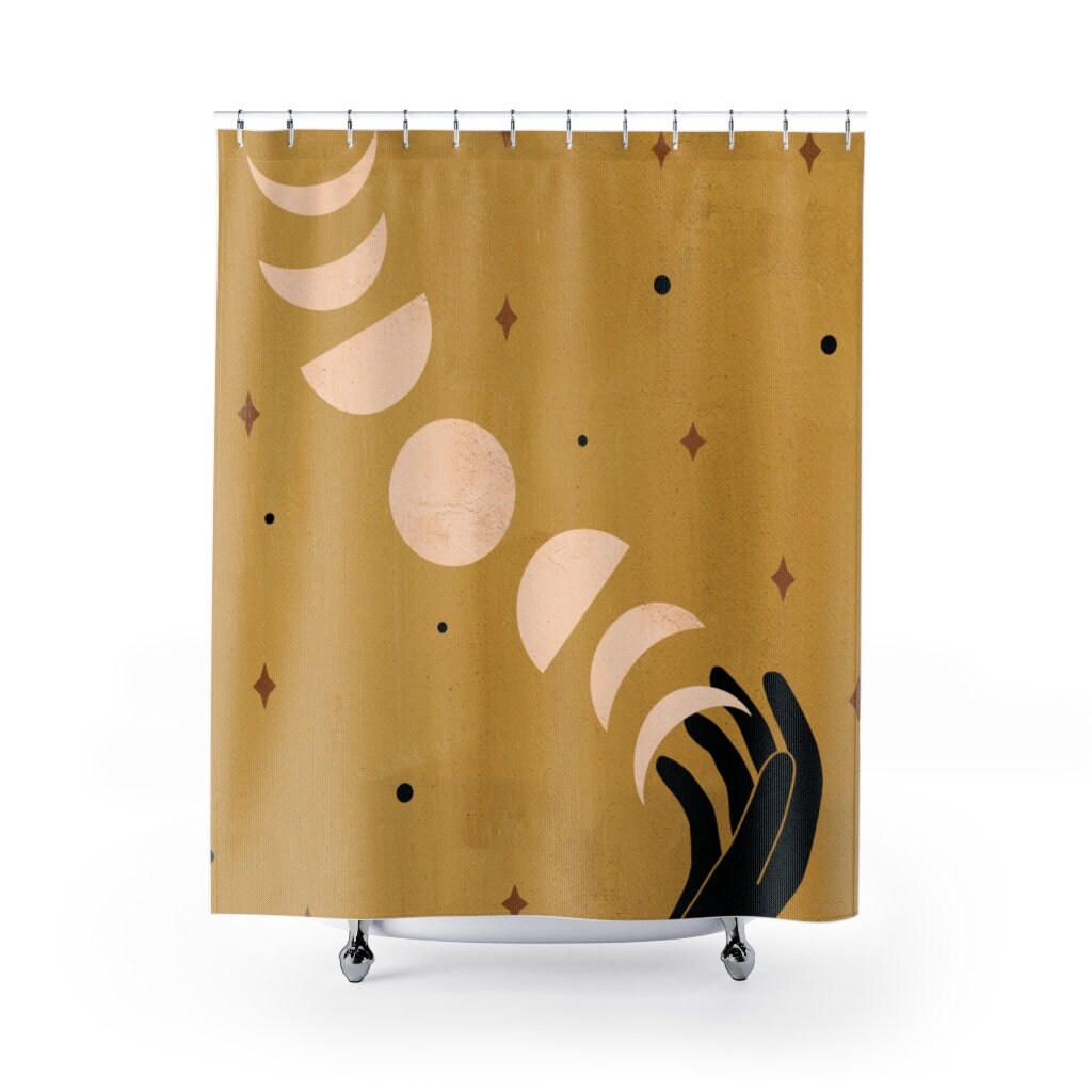 Celestial Cosmic Boho Shower Curtain With Moon Phases And Stars Design For Mystical Bathroom Decor