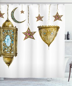 Celestial Lantern Shower Curtain with Watercolor Moon and Stars Print