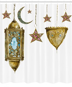 Celestial Lantern Shower Curtain with Watercolor Moon and Stars Print