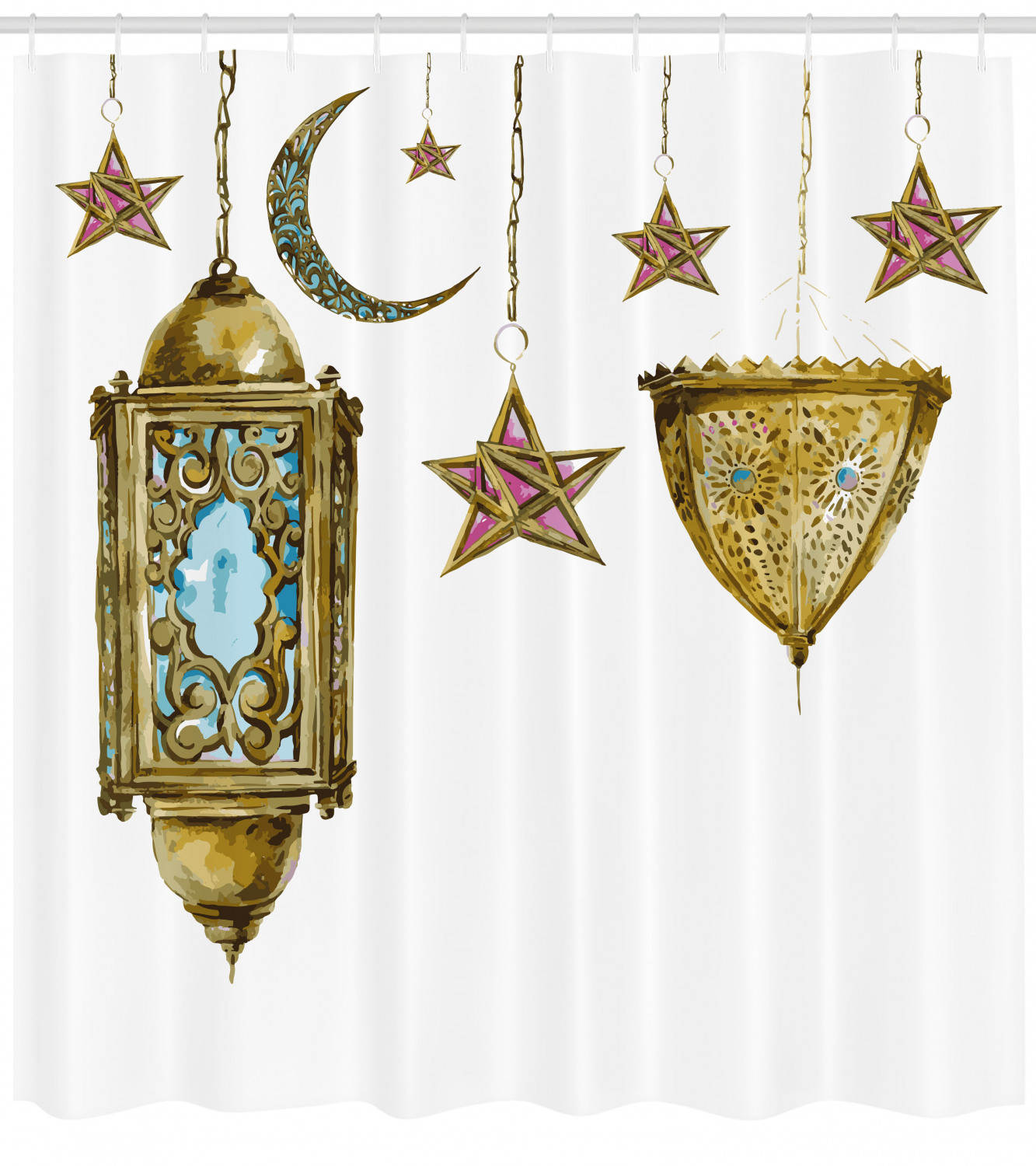 Celestial Lantern Shower Curtain with Watercolor Moon and Stars Print