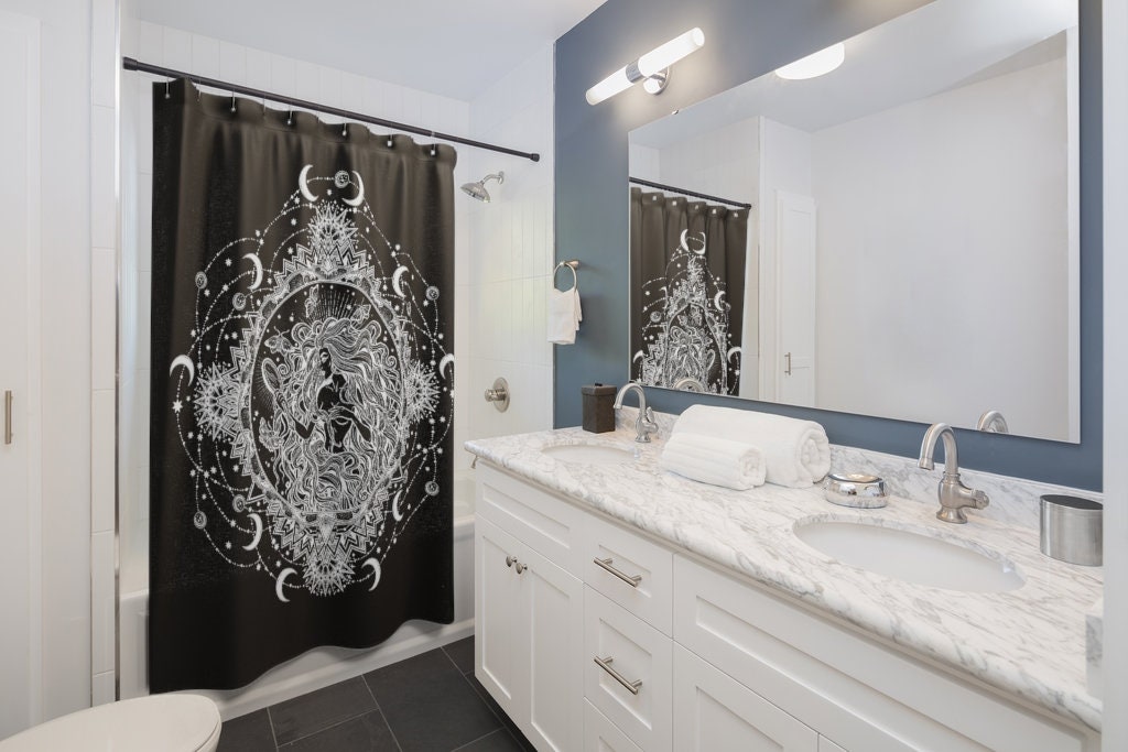 Celestial Moon Goddess Mandala Shower Curtain: Gothic and Mystical Bathroom Decor for Cosmo Lovers