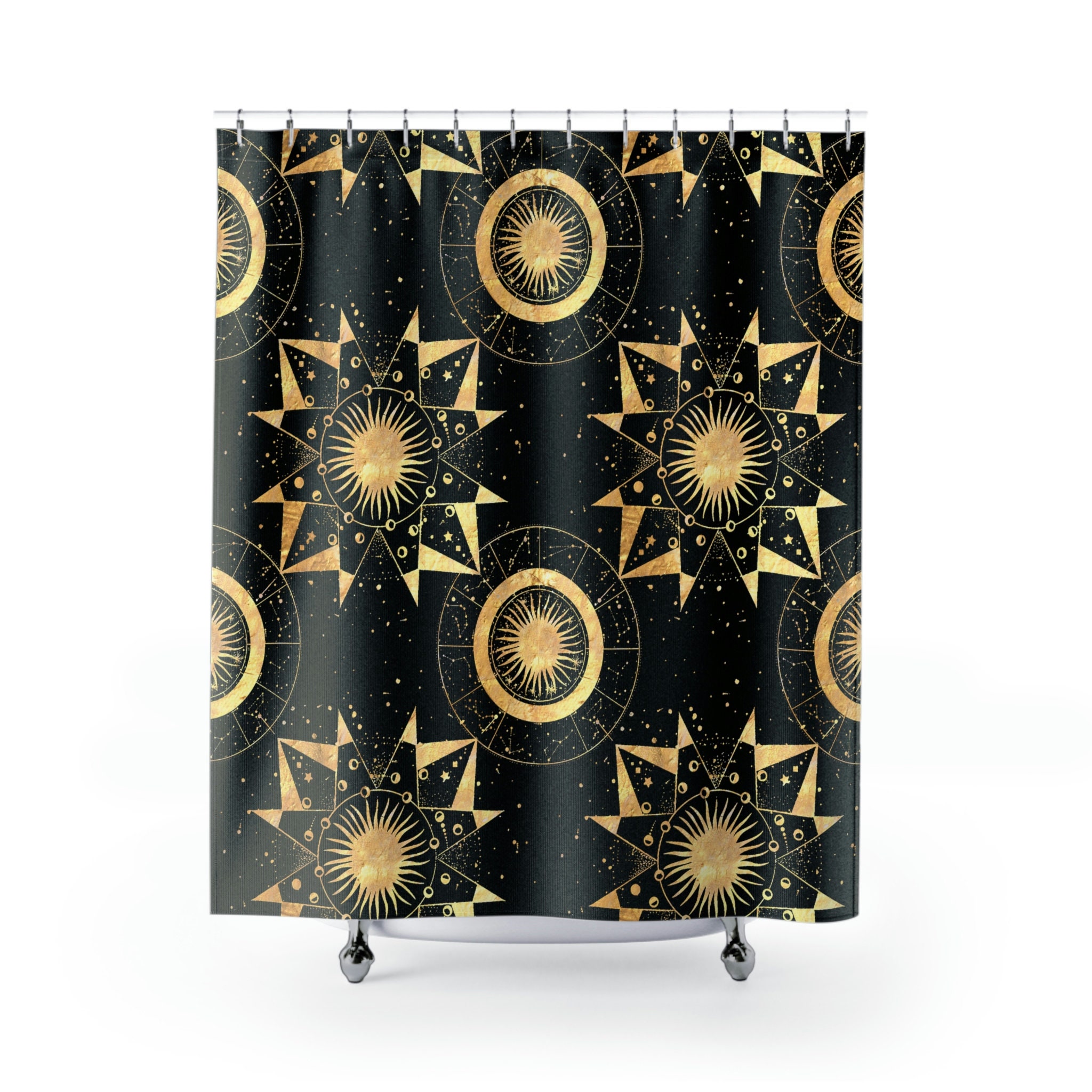 Celestial Moon Phase Art Zodiac Shower Curtain with Astrology Design