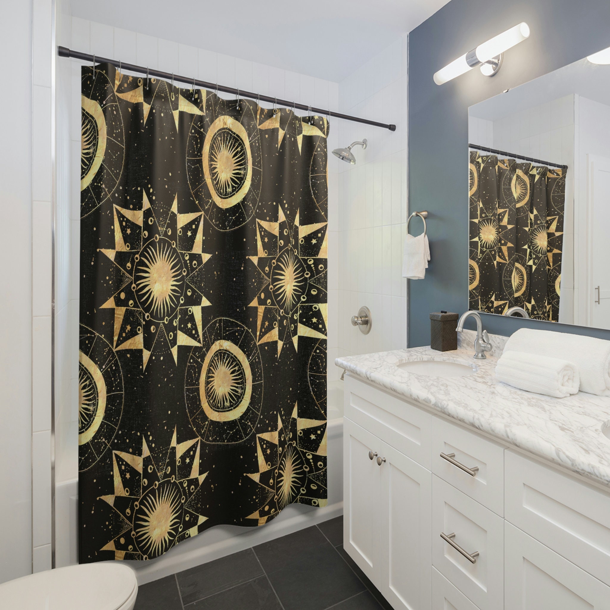 Celestial Moon Phase Art Zodiac Shower Curtain with Astrology Design