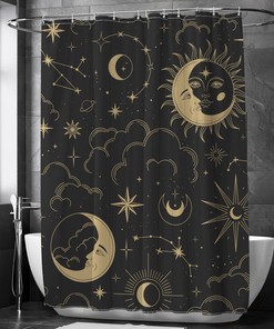 Celestial Moon Phase Stars Shower Curtain with Boho Chic Art and Black Antique Print, Cloth Fabric Bathroom Curtains