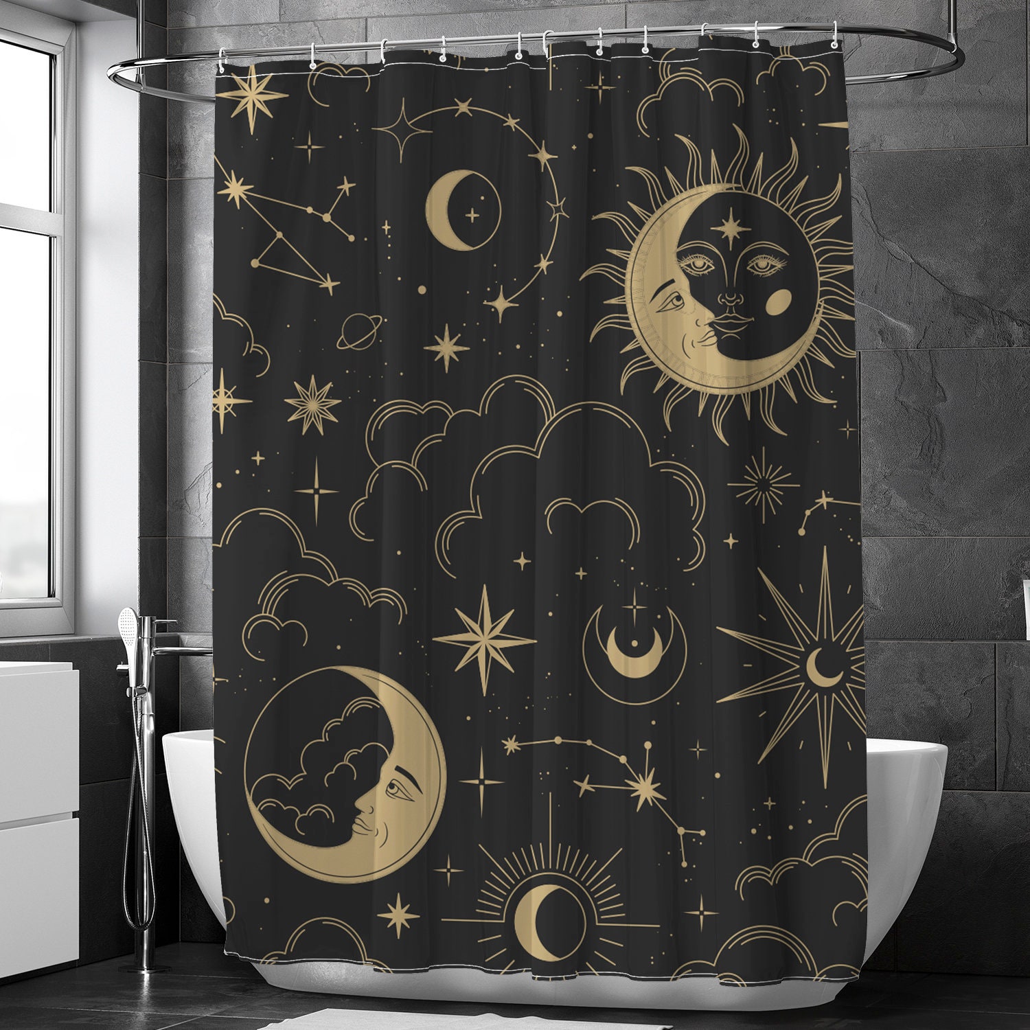 Celestial Moon Phase Stars Shower Curtain with Boho Chic Art and Black Antique Print, Cloth Fabric Bathroom Curtains