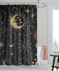 Celestial Moon Phase Stars Shower Curtain with Boho Chic Art and Black Antique Print, Cloth Fabric Bathroom Curtains