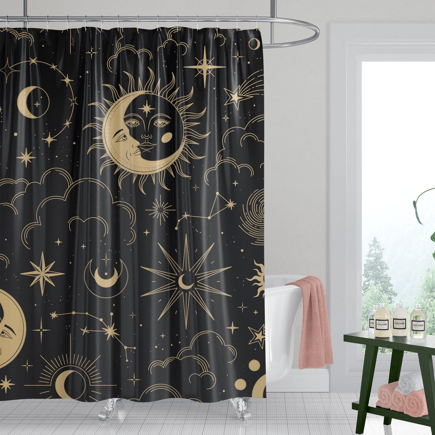 Celestial Moon Phase Stars Shower Curtain with Boho Chic Art and Black Antique Print, Cloth Fabric Bathroom Curtains