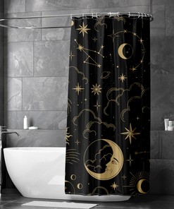 Celestial Moon Phase Stars Shower Curtain with Boho Chic Art and Black Antique Print, Cloth Fabric Bathroom Curtains