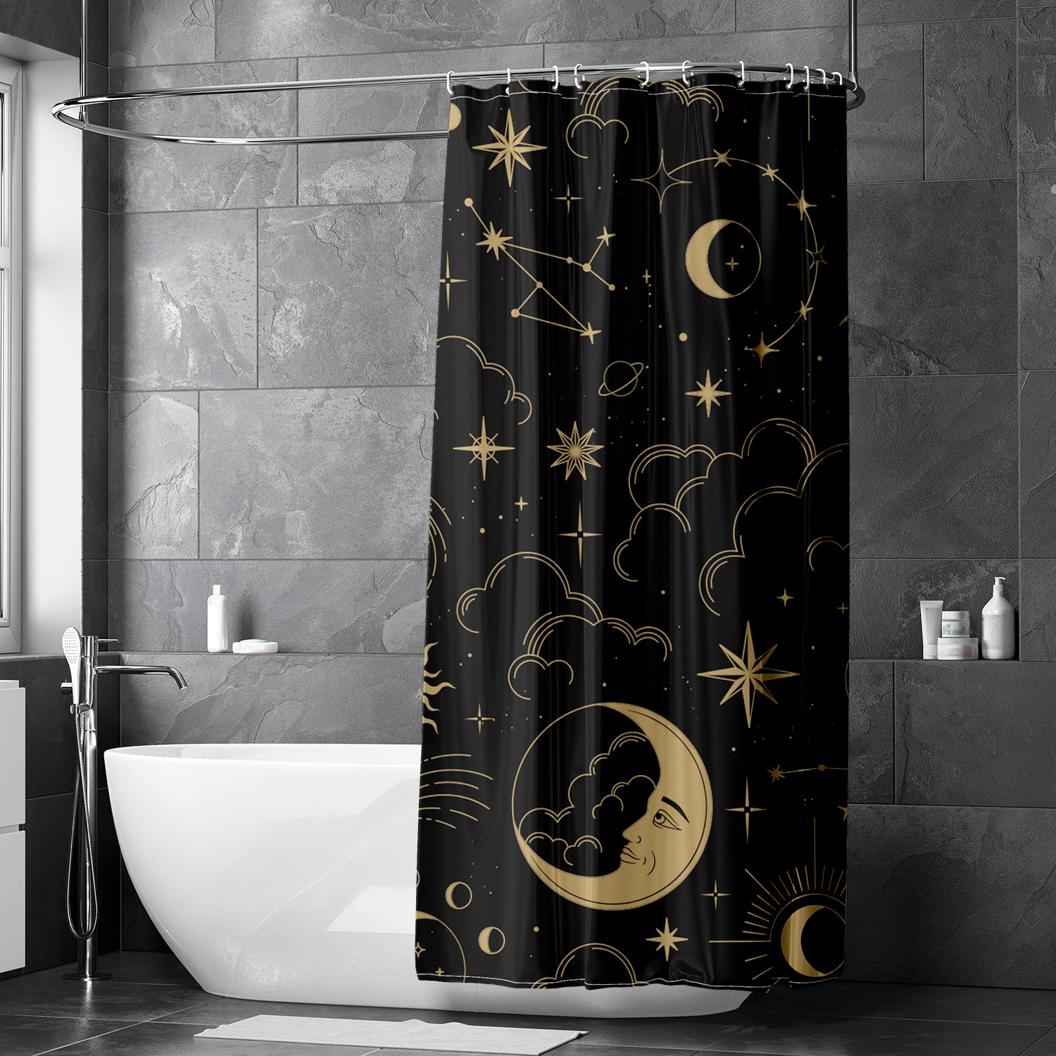 Celestial Moon Phase Stars Shower Curtain with Boho Chic Art and Black Antique Print, Cloth Fabric Bathroom Curtains