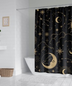 Celestial Moon Phase Stars Shower Curtain with Boho Chic Art and Black Antique Print, Cloth Fabric Bathroom Curtains