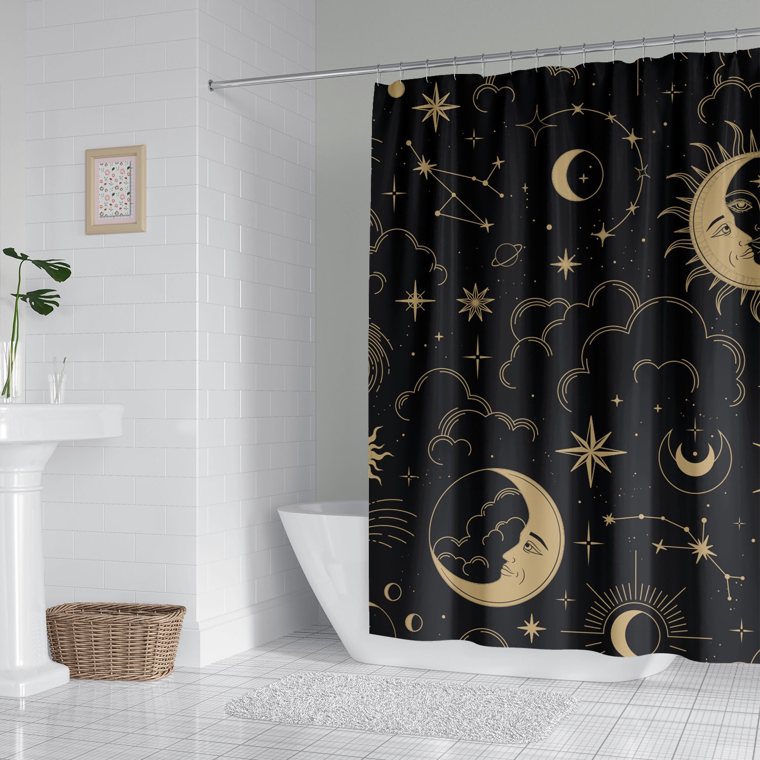 Celestial Moon Phase Stars Shower Curtain with Boho Chic Art and Black Antique Print, Cloth Fabric Bathroom Curtains