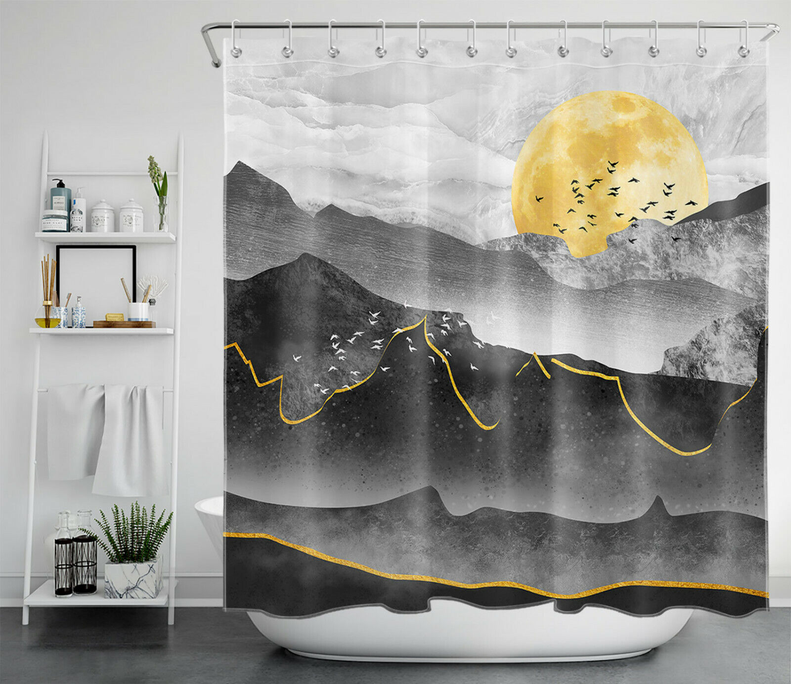 Celestial Moon Phases Shower Curtain In Black And White For Gothic Bathroom Decor - Image 2