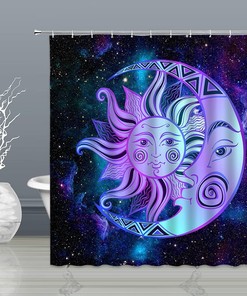 Celestial Mystic Mandala Shower Curtain with Sun, Moon, Stars, and Abstract Print 